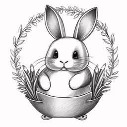 a rabbit sitting in a round frame with leaves around it,a rabbit with ears in a bowl on wheels