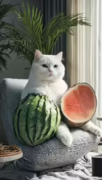 the white cat is sitting on top of a watermelon