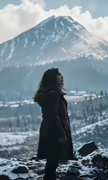 a woman stands in front of a mountain looking away