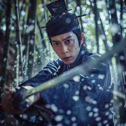 a man in costume holding sword with rain on it,a young man is in the woods wearing a traditional costume and holding an object
