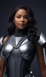 a woman in armor is posing for a portrait