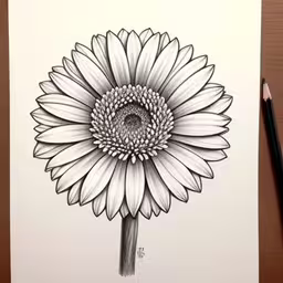 drawing a sunflower, by hand with a pencil,a drawing of a large sunflower is displayed on a table