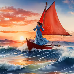 a painting of a woman on a red boat in the ocean,a painting of a woman on a boat in the ocean