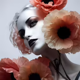 a woman with long hair and make up on head, standing with flowers in her hands