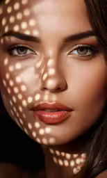 a woman with long brown hair and bright makeup looks to the side