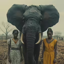 two girls standing next to an elephant on the ground