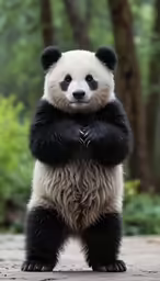 a panda bear is standing in the park