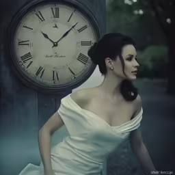 a woman poses in front of an old clock
