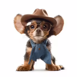 a small dog in a cowboy hat and glasses