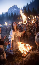 a woman in a long dress and some people by a fire