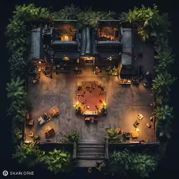 an aerial view of a restaurant in the night
