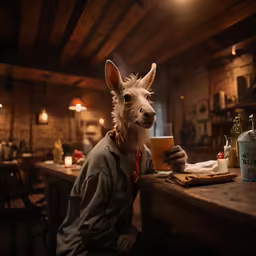 a kangaroo is holding a cup while seated at a table