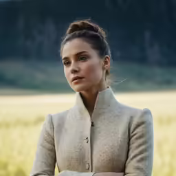 a women who is wearing a coat and has a long ponytail