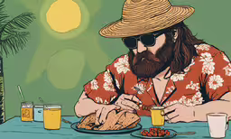 man in hawaiian shirt eating some food at a table,a man with a beard in glasses and a straw hat