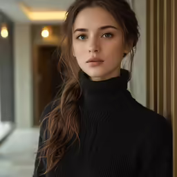 a girl in black sweater standing by wall