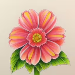 a drawing of a pink flower with green leaves,the painting is colorfully colored and features a green branch,the colored drawing shows a large pink flower with green leaves,a drawing of a flower on a paper,a drawing of a bright pink flower on white paper