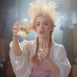 a woman blowing a wine glass with her hair