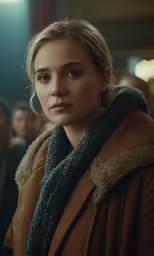 the girl in the brown coat looks at something