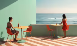 two girls sitting at small tables next to the ocean