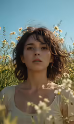 a young woman sitting in the middle of the wildflowers