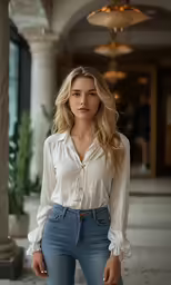 young girl standing near columns, wearing jeans and white shirt