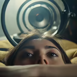 a woman has her face in a round object