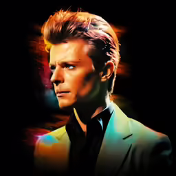 a man in a suit standing in front of a colorful background