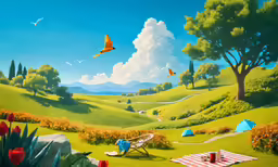a field with flowers and green grass is featured in this painting