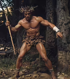 a man is posing with a stick in his hands