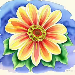 an artistic colorful drawing of a flower,an art work of a flower in the middle of blue water,a colorful flower on top of blue watercolor paper,an artistic painting with bright orange and yellow flowers on a blue background,an artistic painting of a bright, colorful flower on a blue background