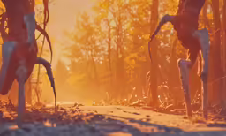 two people wearing scary masks walking down a dirt road
