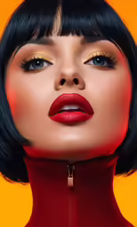 a woman with short black hair wearing red lipstick