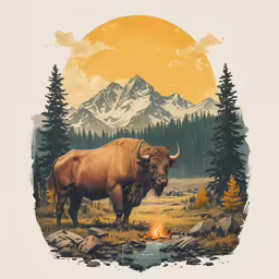 a buffalo and its surroundings are depicted against a sunset