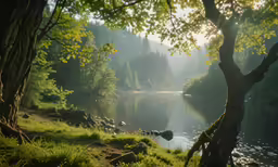 the sun shines through the trees into the river