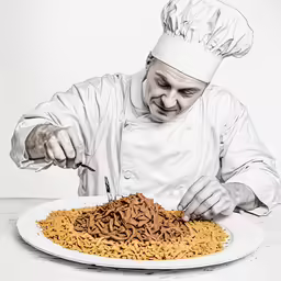the chef is cutting into the piece of cake on the plate