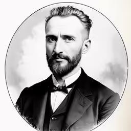 this is a black and white photograph of a man with a beard
