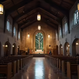an inside of a large cathedral with pews