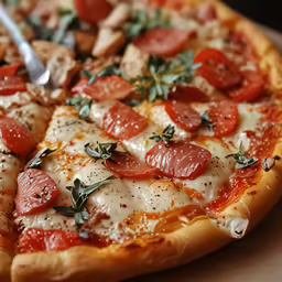 the pizza is covered with meat and cheese
