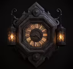 a dark, rustic, antique clock with two lantern lights attached to it