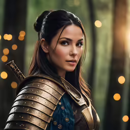 the woman in armor is looking back over her shoulder