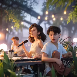 a boy and a girl sitting at an outdoor table