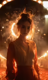a woman standing in front of a fireball