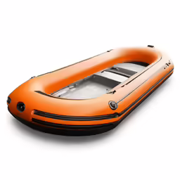 an orange inflatable boat floating on water