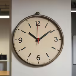 clock showing 10 twenty past five on white wall in office setting