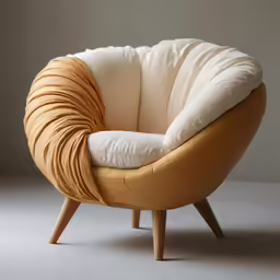 the wooden frame is circularly shaped and the white cushions are on top