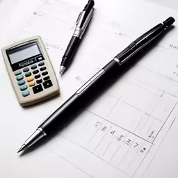 a pen sitting next to an electronic calculator