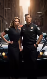 a man and a woman are standing beside a car