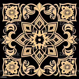 a drawing of floral design on black and yellow royalty,gold square floral ornament on black background,a decorative golden pattern with flowers on black background,an ornamental flower design in wood cut work royalty,an art nouveau style ornamental motif royalty