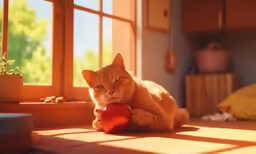 an orange cat holding onto a red ball