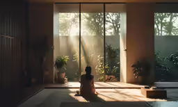 a person sitting on a floor in a room with a large window